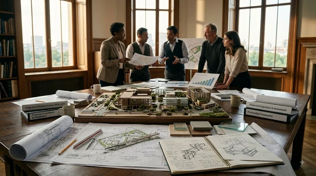 A team planning long-term growth around an architectural model