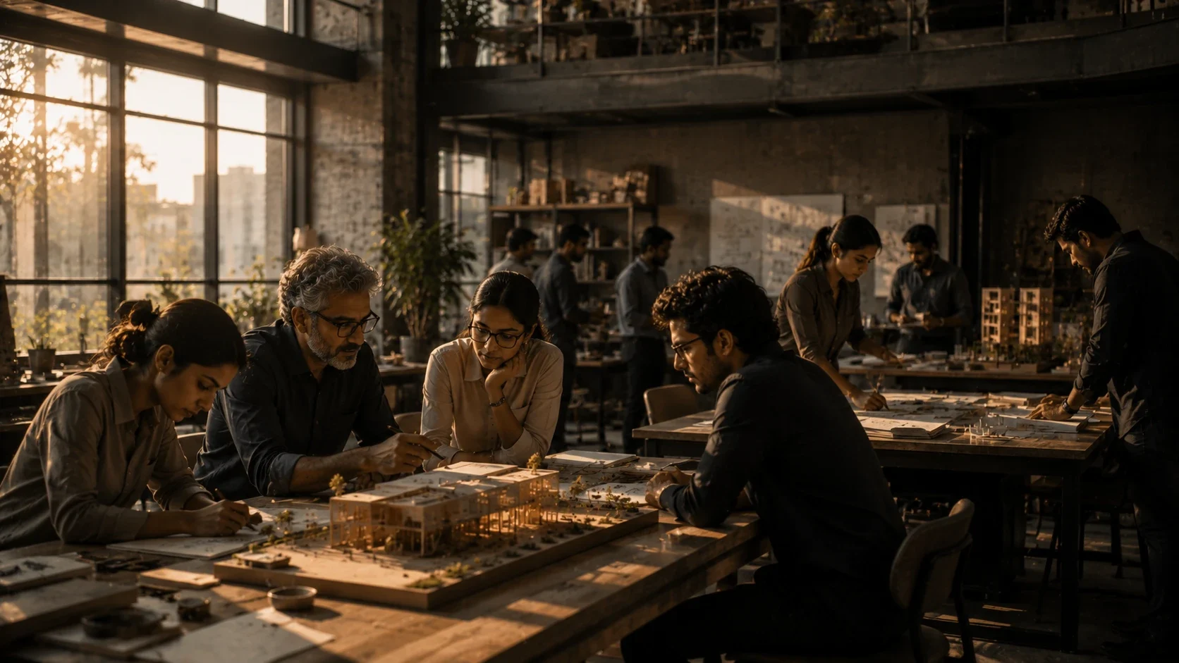 A studio of people learning and building together over architectural models