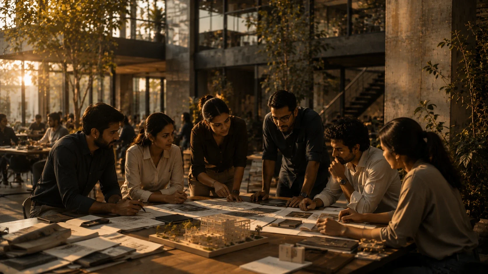 People collaborating around plans and models in a light-filled studio