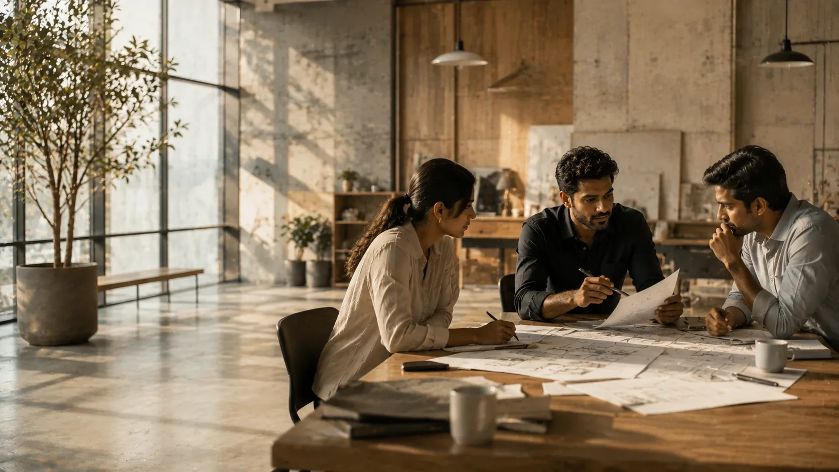 Colleagues reviewing plans and sketches together at a studio table