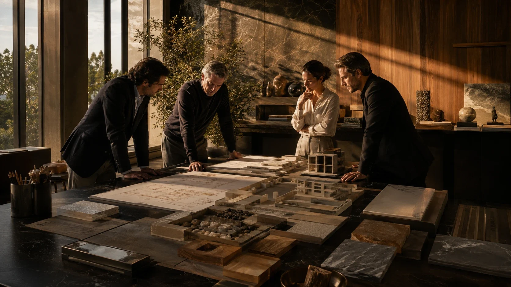 A team working around architectural models and material samples