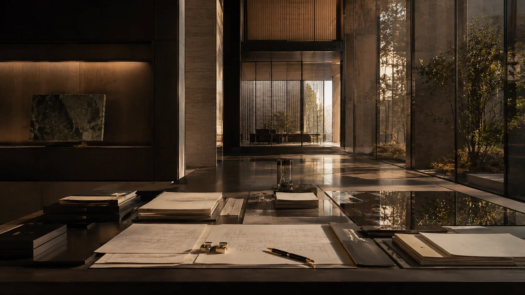 A structured, established architectural interior in warm natural light