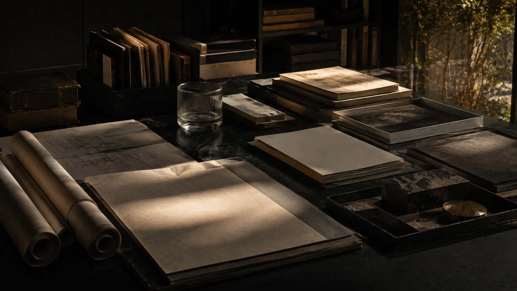 Architectural drawings, documents and material samples arranged on a desk