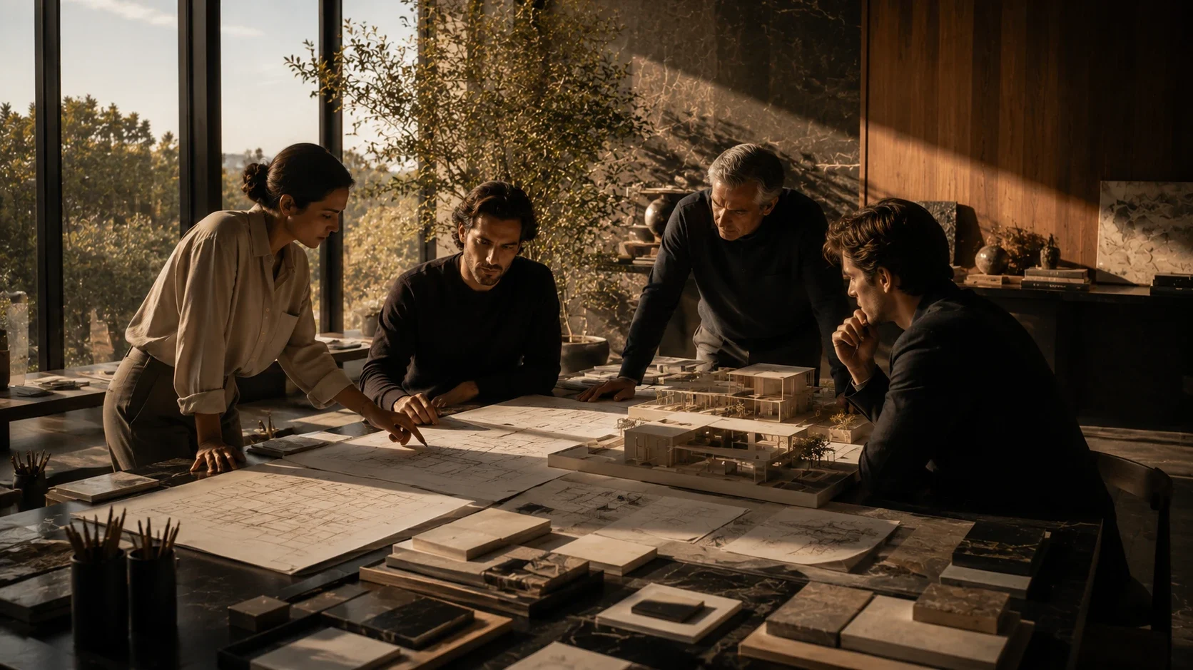 A team developing a project around architectural models and drawings