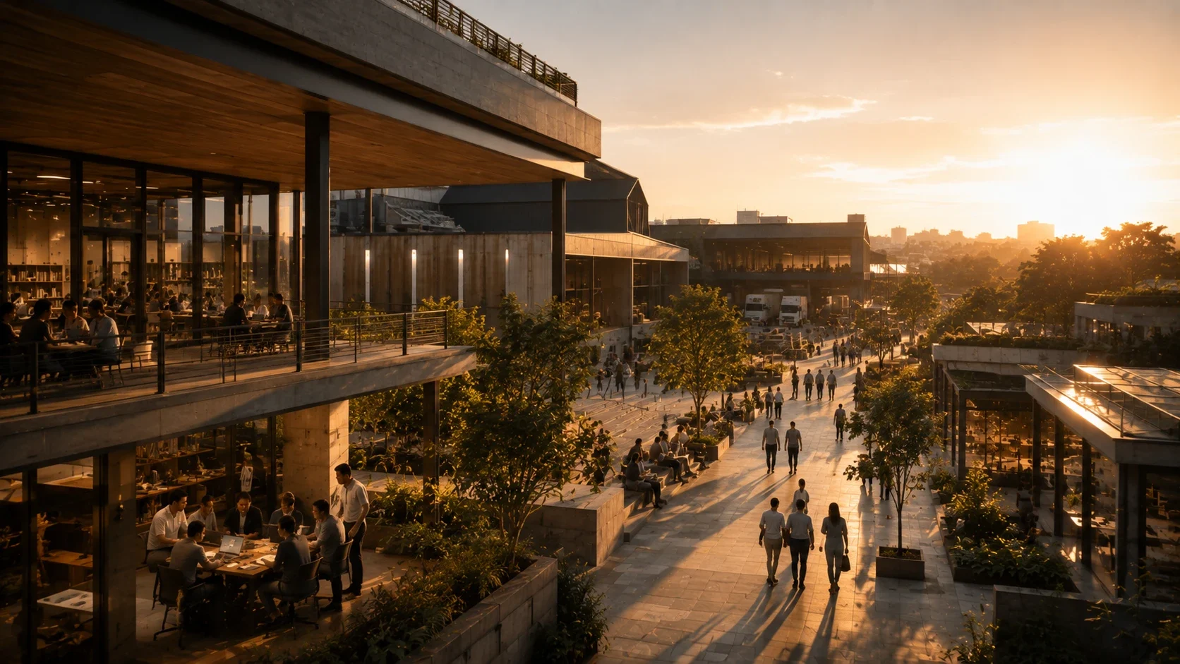 A realised, people-filled campus at golden hour — workspaces, gardens and gathering spaces