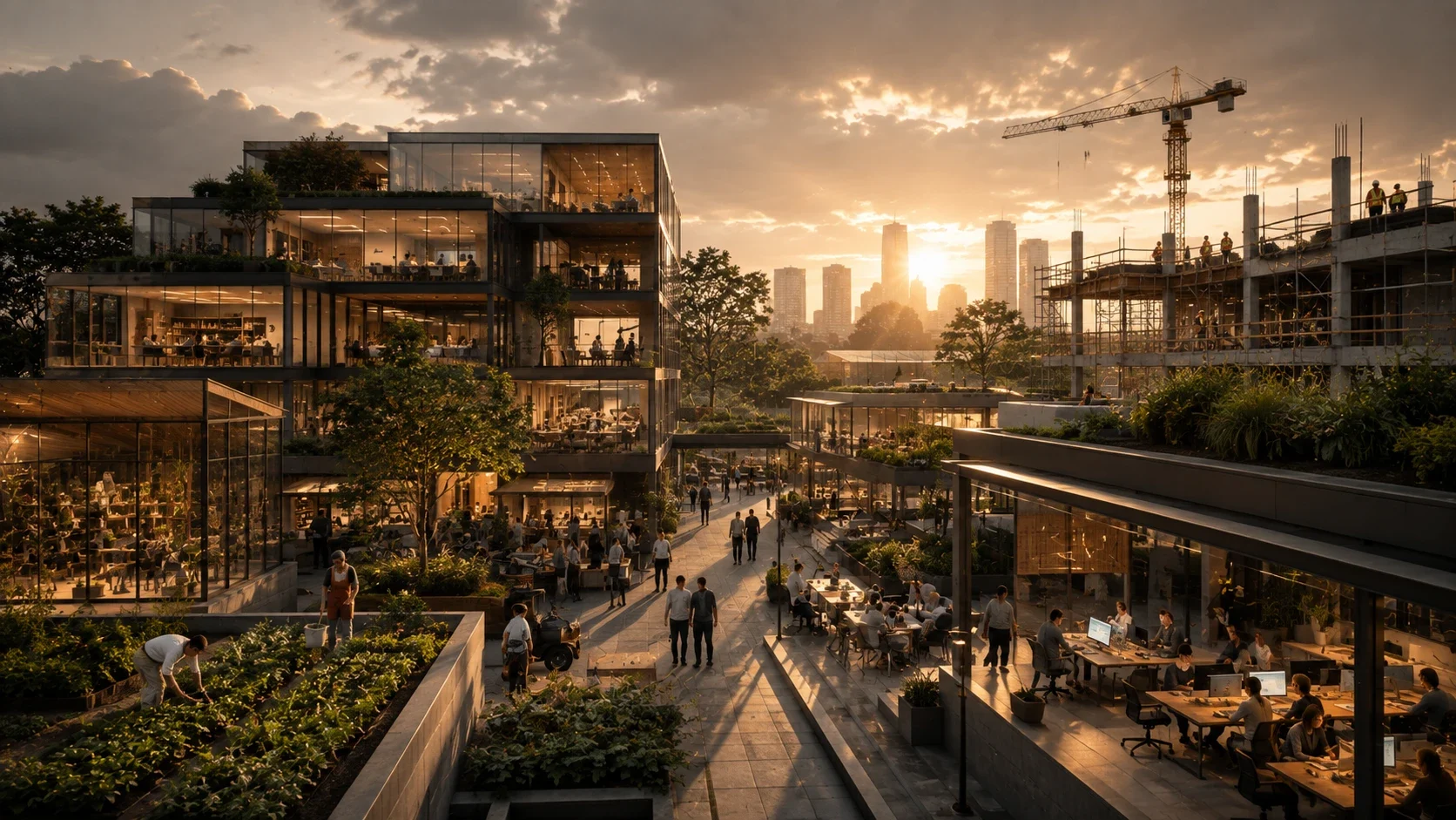 A connected, mixed-use development at golden hour — workspaces, gardens and construction
